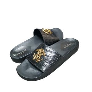 Men's Roberto Cavalli Croc-Embossed Leather Logo Slides Black Size 10.5/43.5 NIB